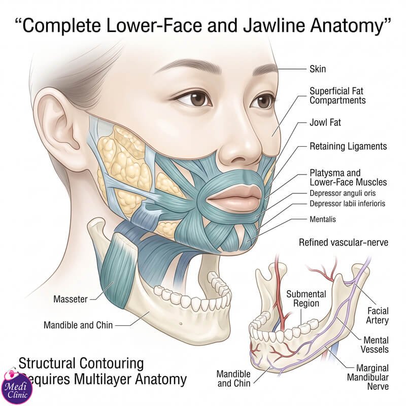 Doctor assessing pre-jowl hollowing and chin projection JB SG Doctor assessing pre-jowl hollowing and chin projection JB SG