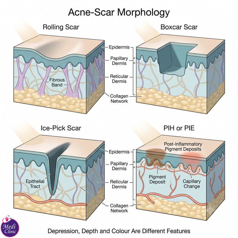 Doctor examining depressed acne scars under angled lighting JB SG Doctor examining depressed acne scars under angled lighting JB SG