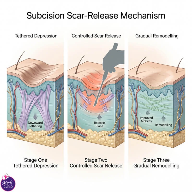 Skin diagram showing a tethered rolling acne scar JB SG Skin diagram showing a tethered rolling acne scar JB SG