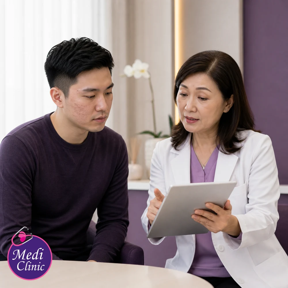 Doctor assessing suitability and contributing factors for Acne Scar Treatment Options