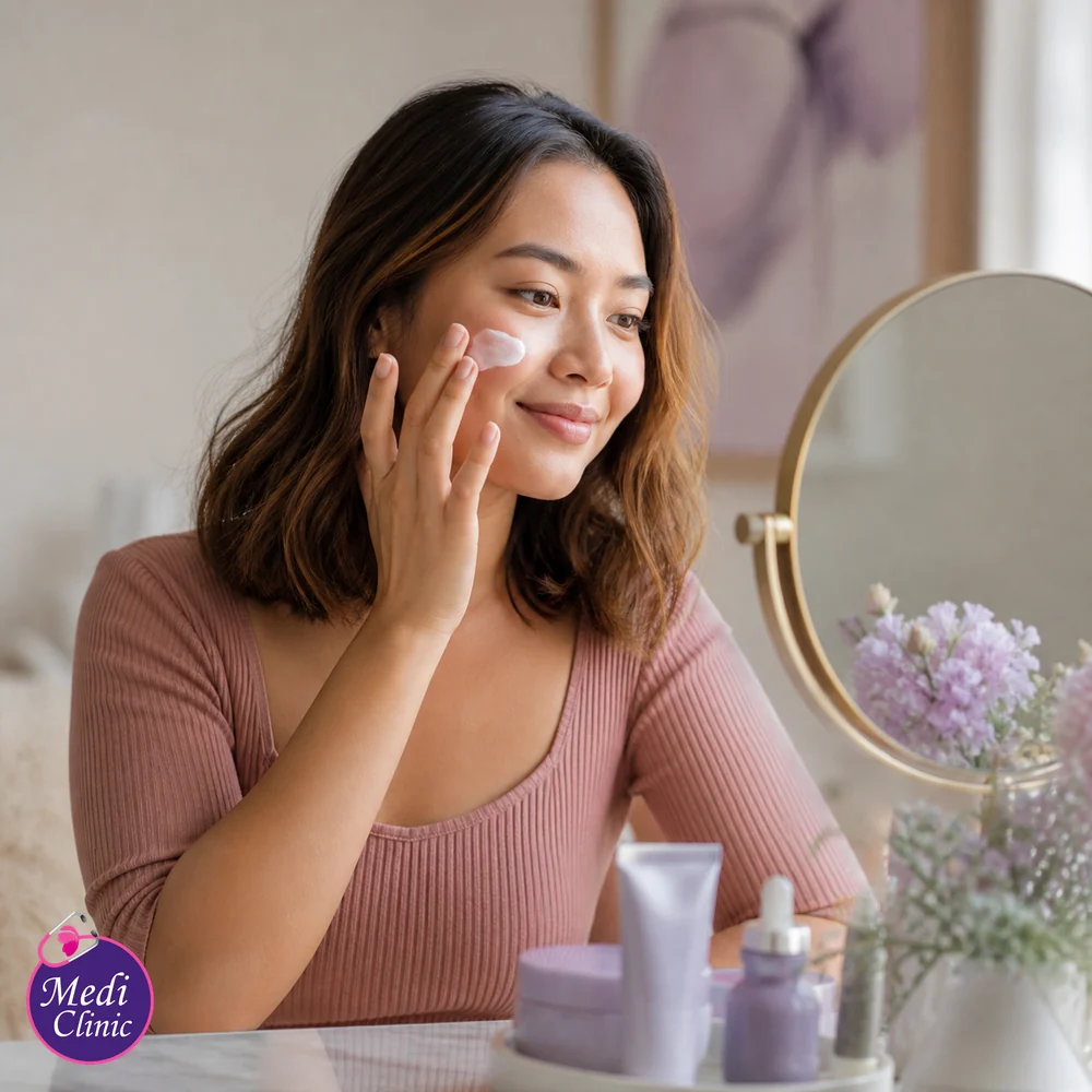 Adult Asian woman following gentle skincare guidance after an aesthetic consultation