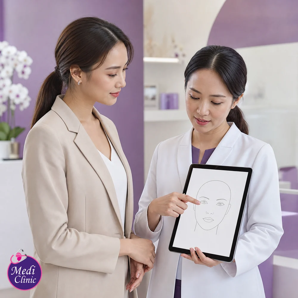 Doctor explaining facial anatomy and filler selection during a consultation