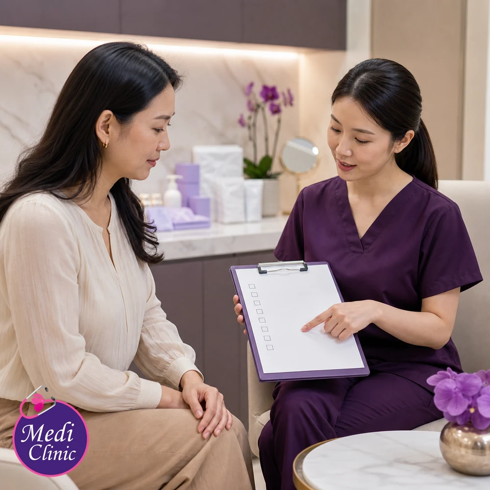 Doctor assessing suitability and contributing factors for Aesthetic Treatment Infection Prevention Guide