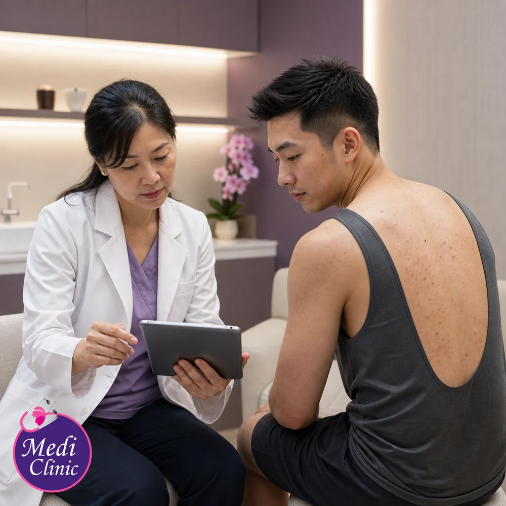 Doctor assessing suitability and contributing factors for Body and Back Acne Treatment Options