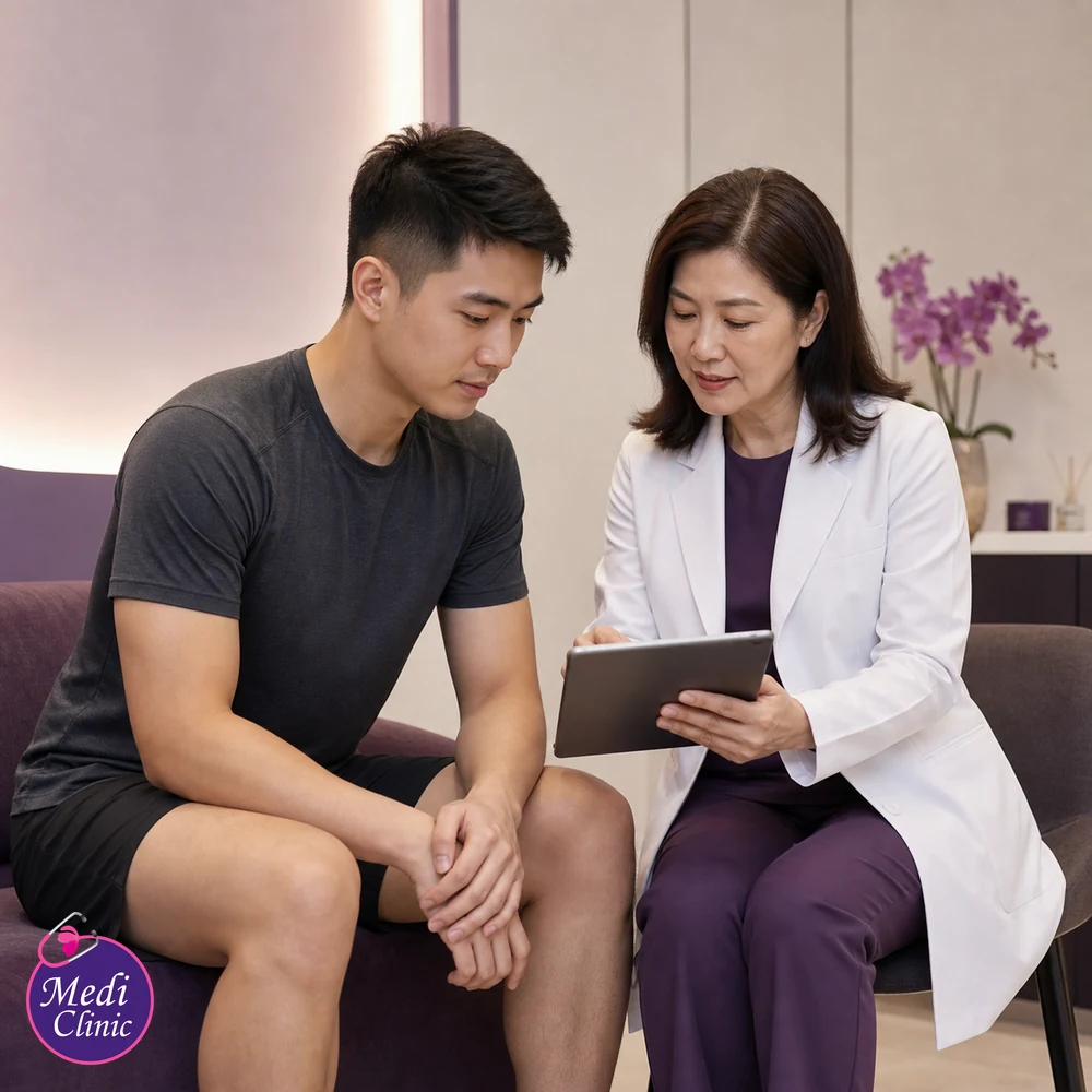 Doctor assessing suitability and contributing factors for Cellulite and Dimpled Skin Treatment Options
