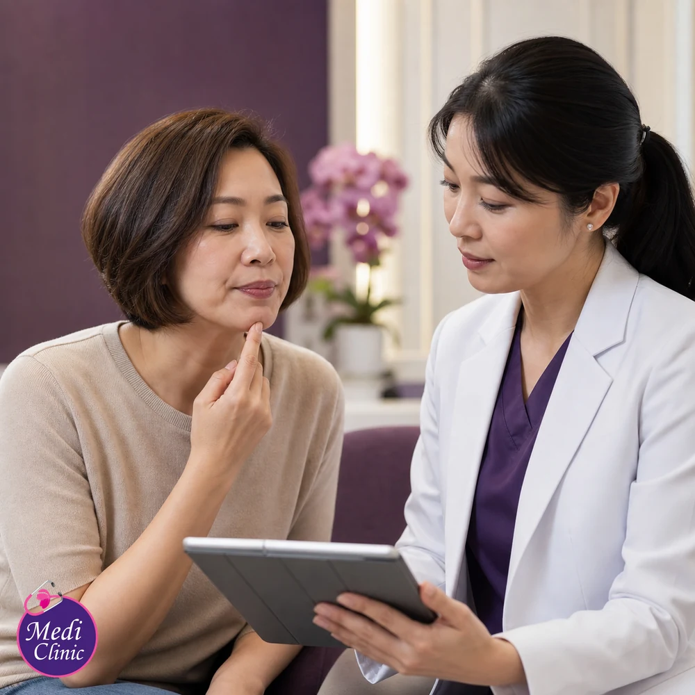 Doctor assessing suitability and contributing factors for Chin Dimpling and Pebbled Chin Treatment Options