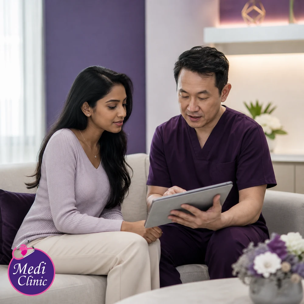 Doctor assessing suitability and contributing factors for Dental Work and Facial Aesthetic Treatment Timing