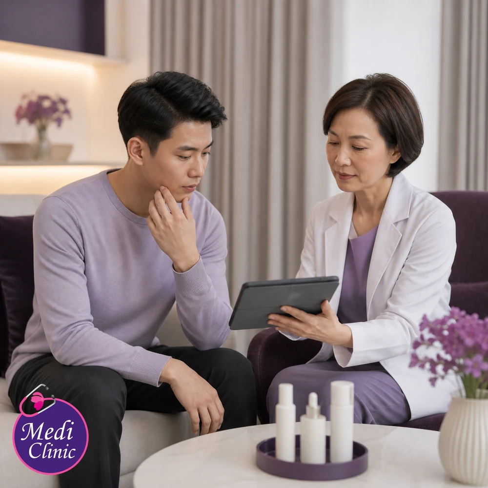 Doctor assessing suitability and contributing factors for Dry and Dehydrated Skin Treatment Options