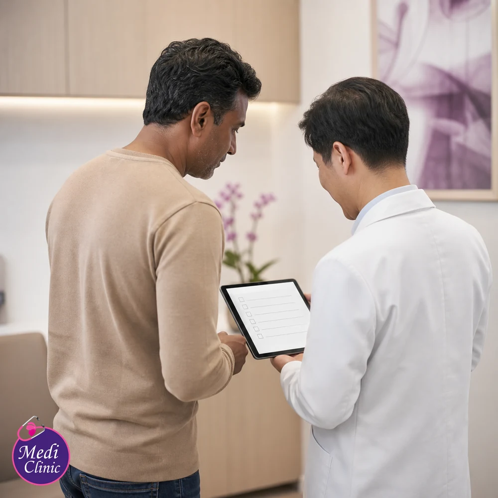 Doctor assessing suitability and contributing factors for Exosome Treatment Comparison and Consultation Guide