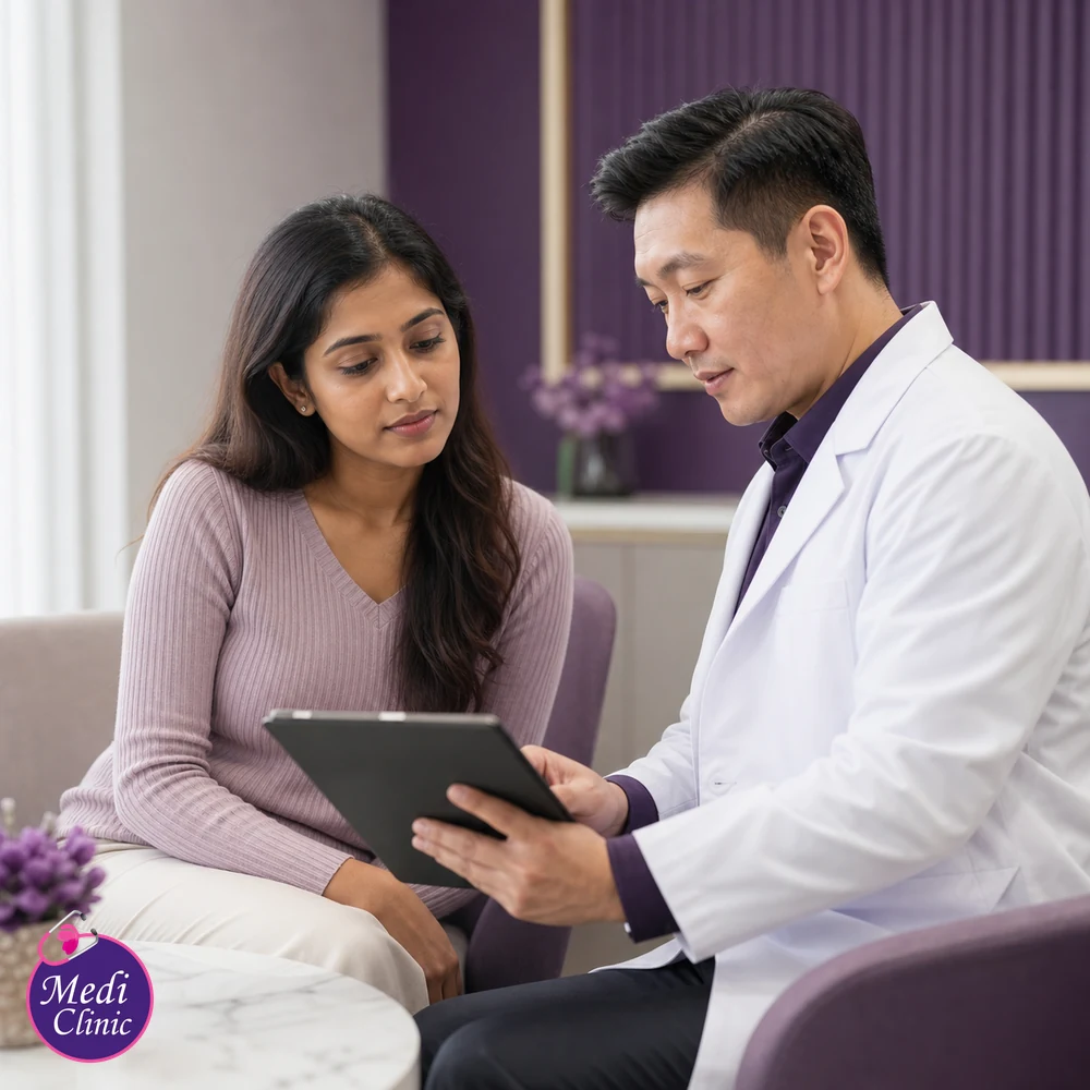 Doctor assessing suitability and contributing factors for Facial Lifting Device Comparison Guide