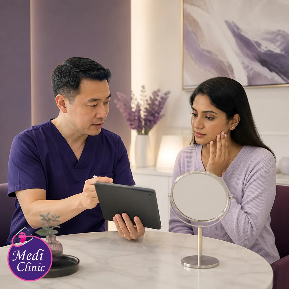 Doctor assessing suitability and contributing factors for Facial Redness and Sensitive Skin Treatment Options
