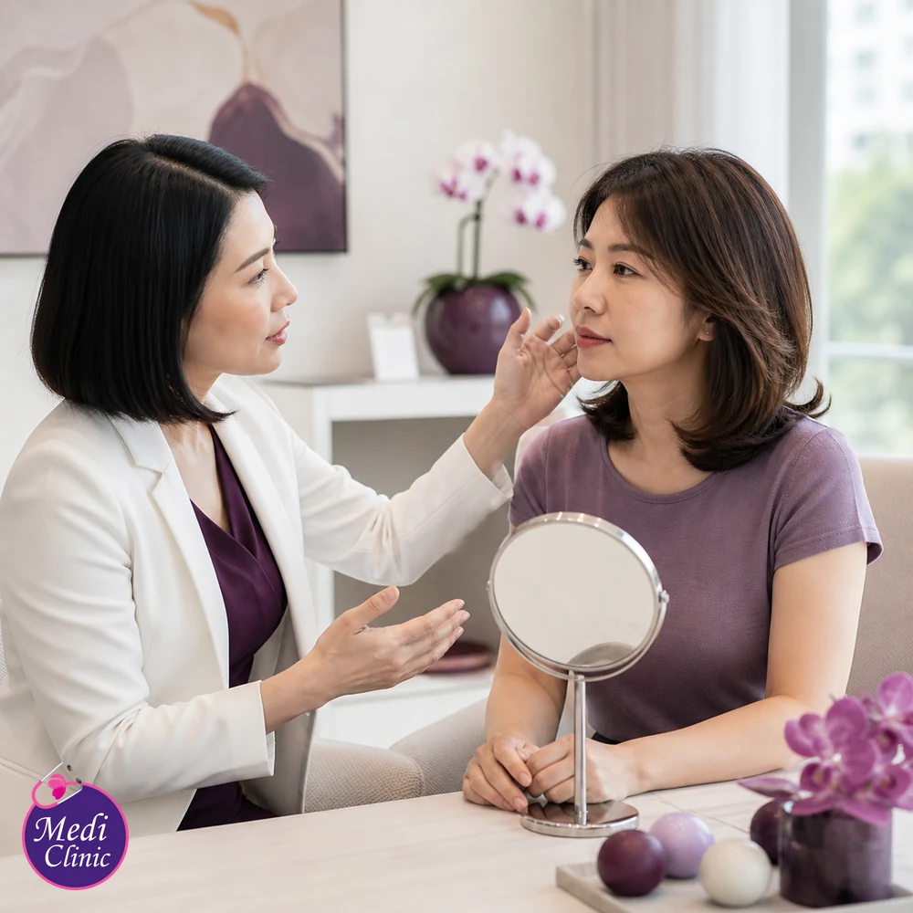 Doctor assessing suitability and contributing factors for Foundational Filler and Aesthetic Device Consultation Guide