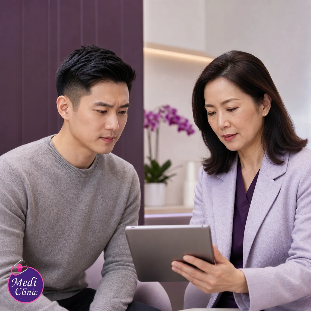 Doctor assessing suitability and contributing factors for Frown Lines Between the Eyebrows Treatment Options