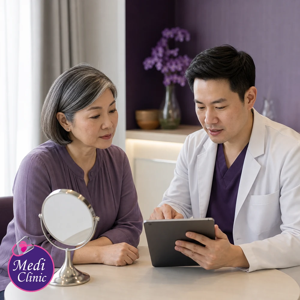 Doctor assessing suitability and contributing factors for Large Pores Treatment Options