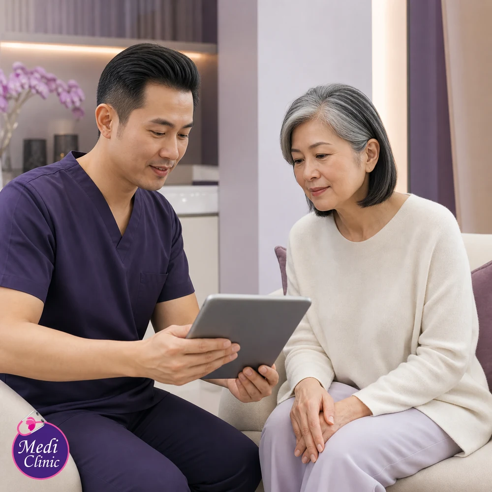 Doctor assessing suitability and contributing factors for Lip Shape, Lines and Hydration Treatment Options