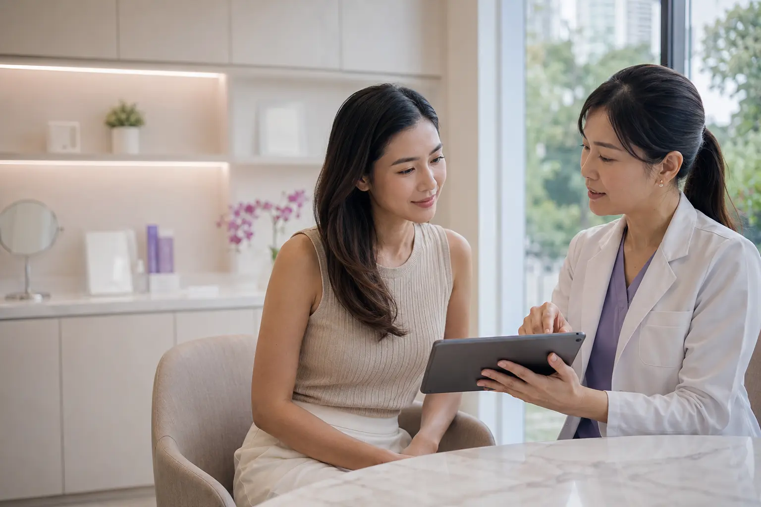 Asian patient discussing a personalised aesthetic consultation with a doctor at Medi Clinic Taman Molek in Johor Bahru