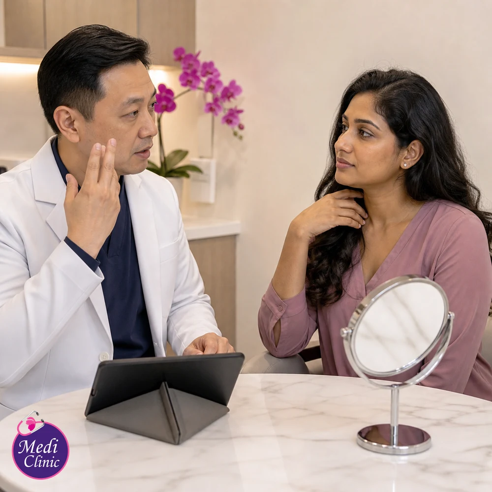 Doctor assessing suitability and contributing factors for Medical Facial Treatment Comparison Guide