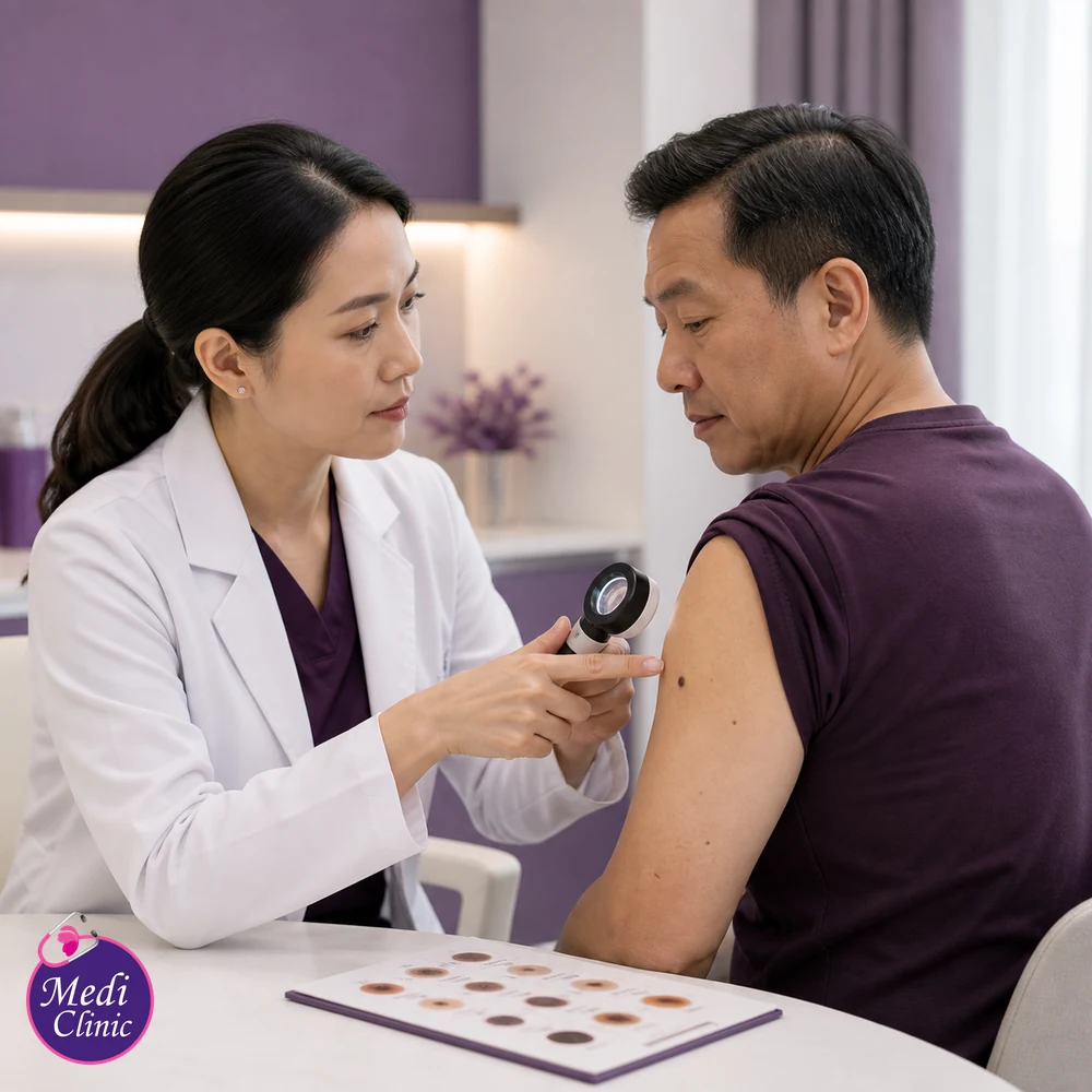Doctor assessing suitability and contributing factors for Mole Assessment and Removal Options