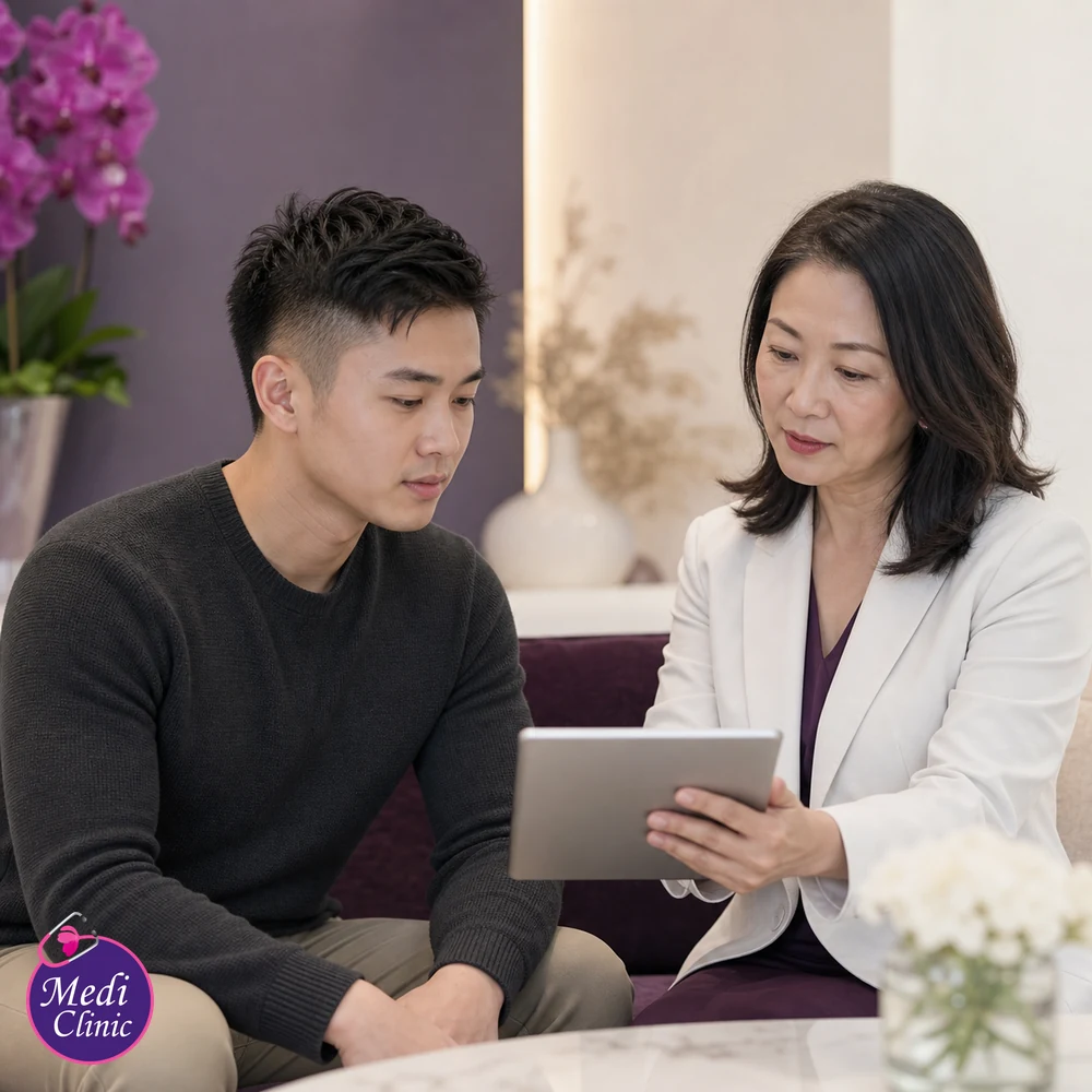 Doctor assessing suitability and contributing factors for Neck Ageing and Skin Quality Treatment Options