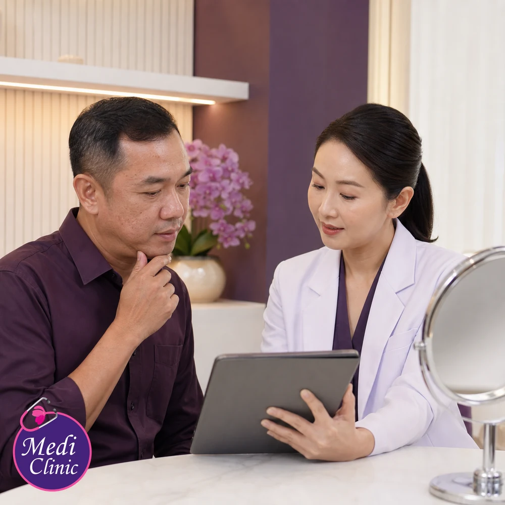 Doctor assessing suitability and contributing factors for Oily and Acne-Prone Skin Treatment Options