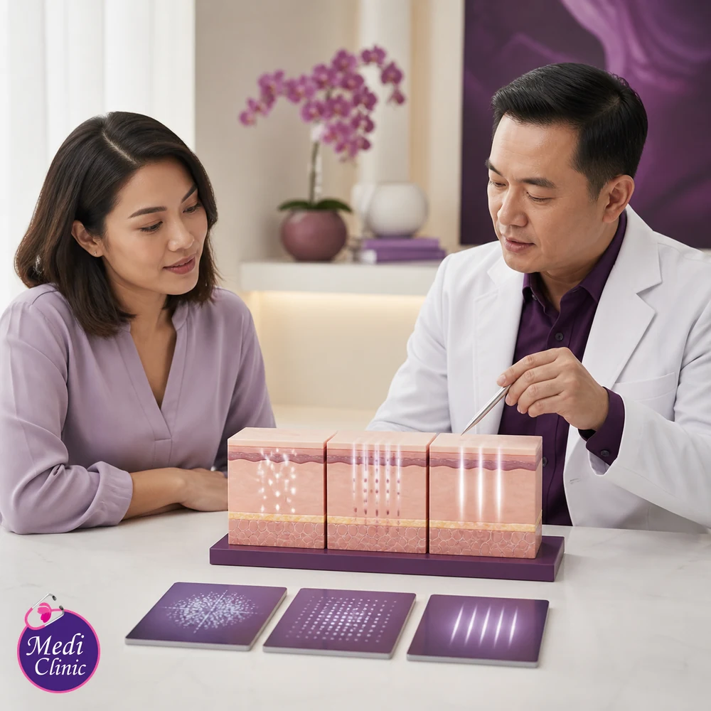 Educational treatment-selection visual for Pico vs Fractional CO2 vs Fotona Laser Guide