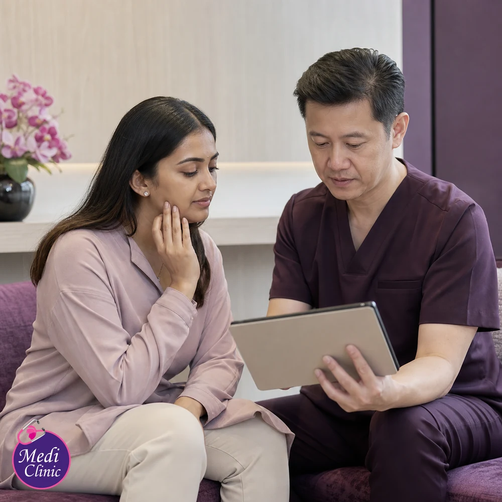 Doctor assessing suitability and contributing factors for Sagging Skin and Facial Lifting Options