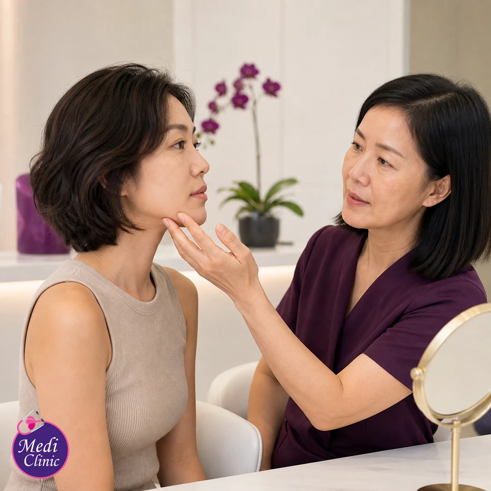 Doctor assessing suitability and contributing factors for Sebaceous Hyperplasia Treatment Options