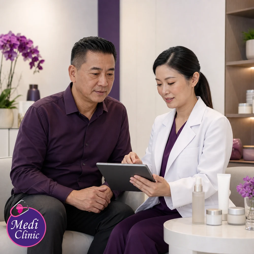 Doctor assessing suitability and contributing factors for Skincare and Makeup After Aesthetic Treatment