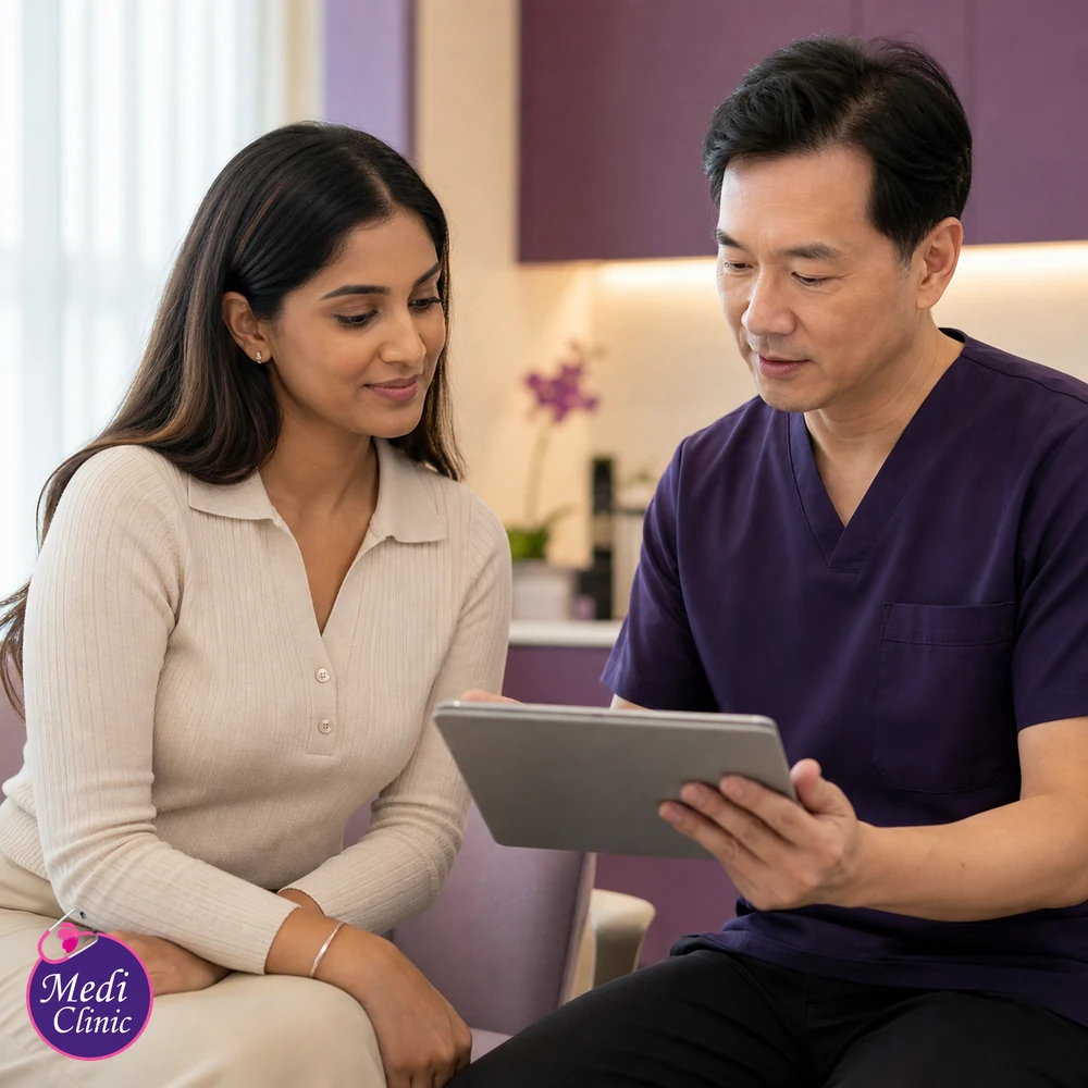 Doctor assessing suitability and contributing factors for Smile Lines Treatment Options