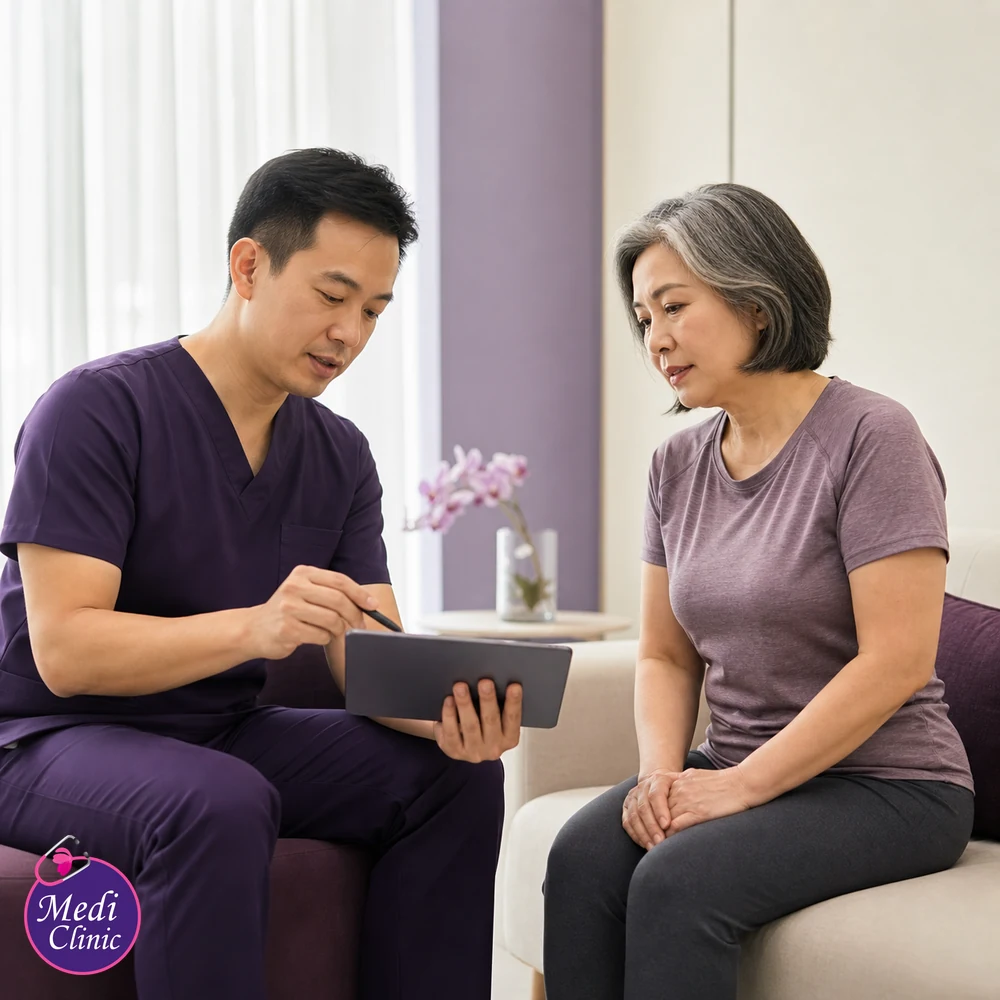 Doctor assessing suitability and contributing factors for Stubborn Abdominal Fat Treatment Options