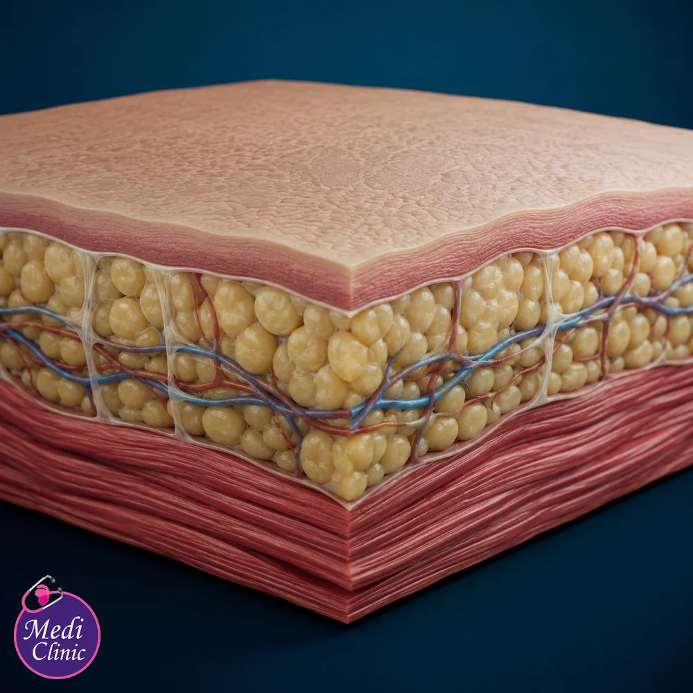 Educational view of skin, subcutaneous fat and muscle layers