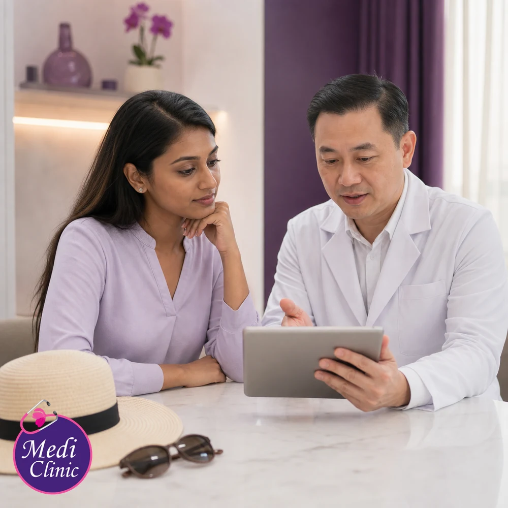 Doctor assessing suitability and contributing factors for Sun Exposure and Aesthetic Treatment