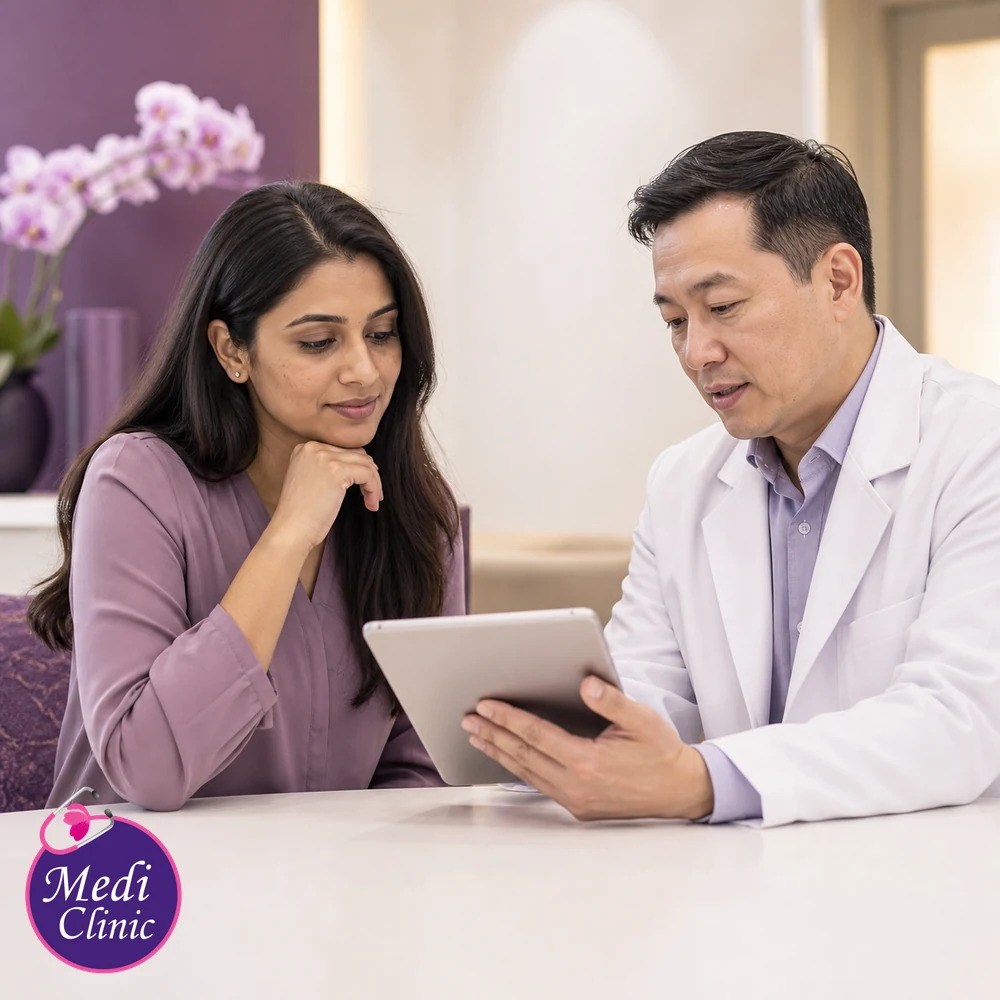Doctor assessing suitability and contributing factors for Sun Spots and Age Spots Treatment Options