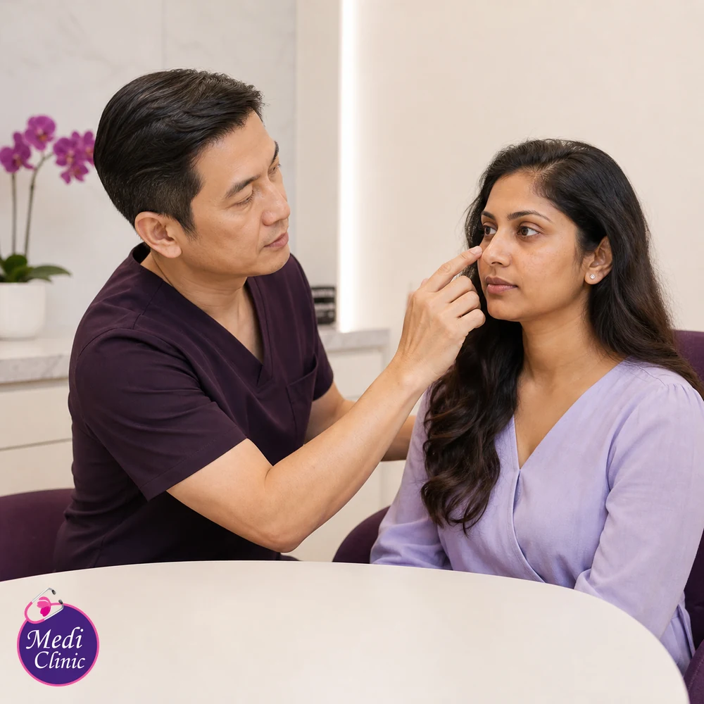 Doctor assessing suitability and contributing factors for Syringoma Treatment Options