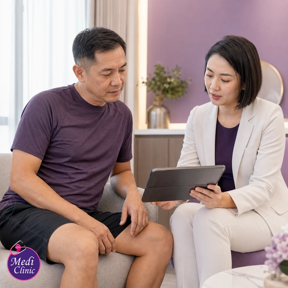 Doctor assessing suitability and contributing factors for Inner and Outer Thigh Fat Treatment Options