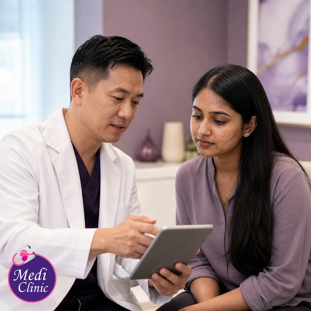 Doctor assessing suitability and contributing factors for Uneven Skin Texture Treatment Options