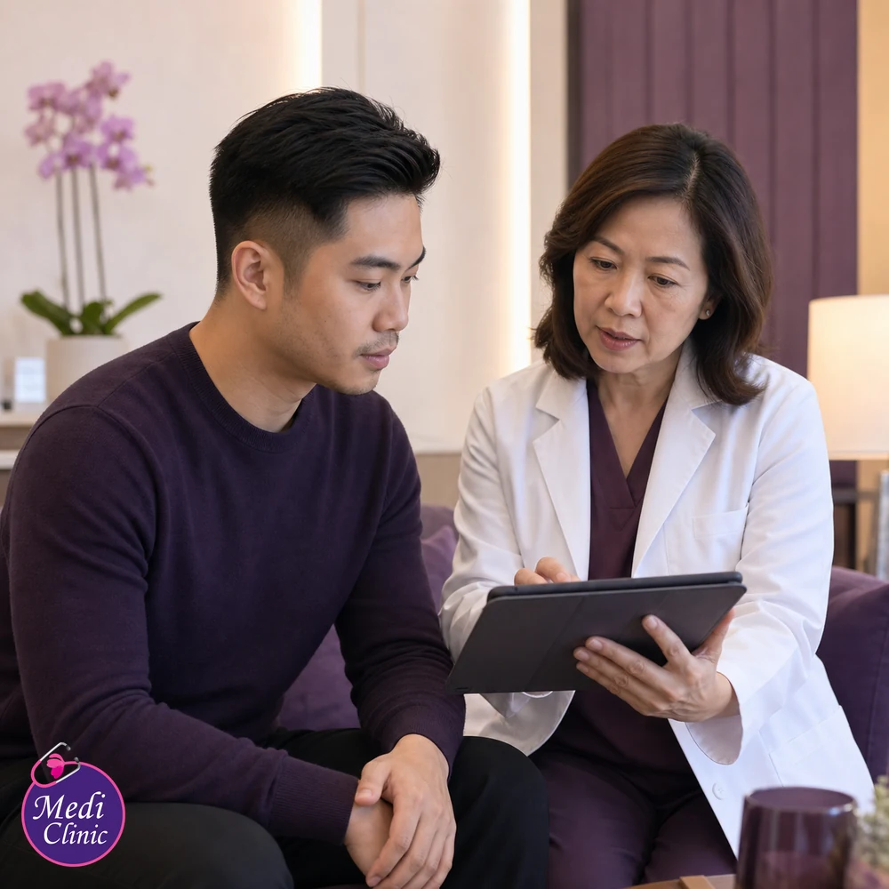 Doctor assessing suitability and contributing factors for Unwanted Facial Hair Treatment Options