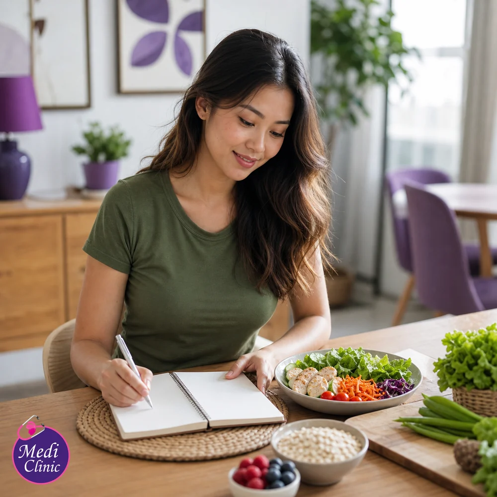 Adult Asian woman planning balanced meals as part of sustainable weight-management follow-up
