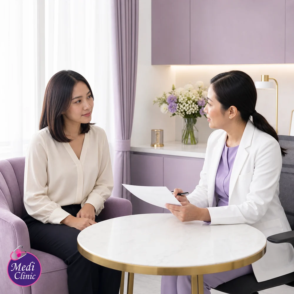 Doctor discussing medical suitability for weight-management options with an adult Asian patient