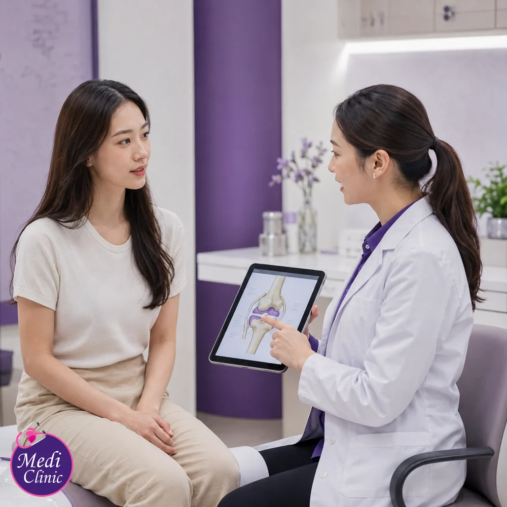 Asian woman discussing knee concerns with a doctor Asian woman discussing knee concerns with a doctor