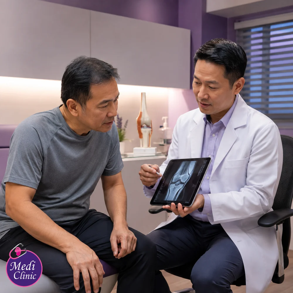 Asian man reviewing a knee scan with a doctor Asian man reviewing a knee scan with a doctor