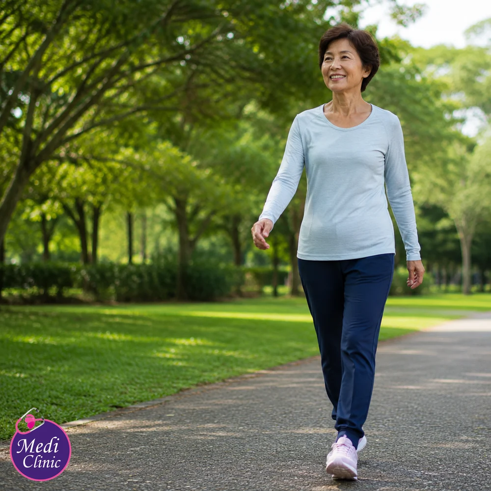 Older Asian woman walking confidently in a park Older Asian woman walking confidently in a park