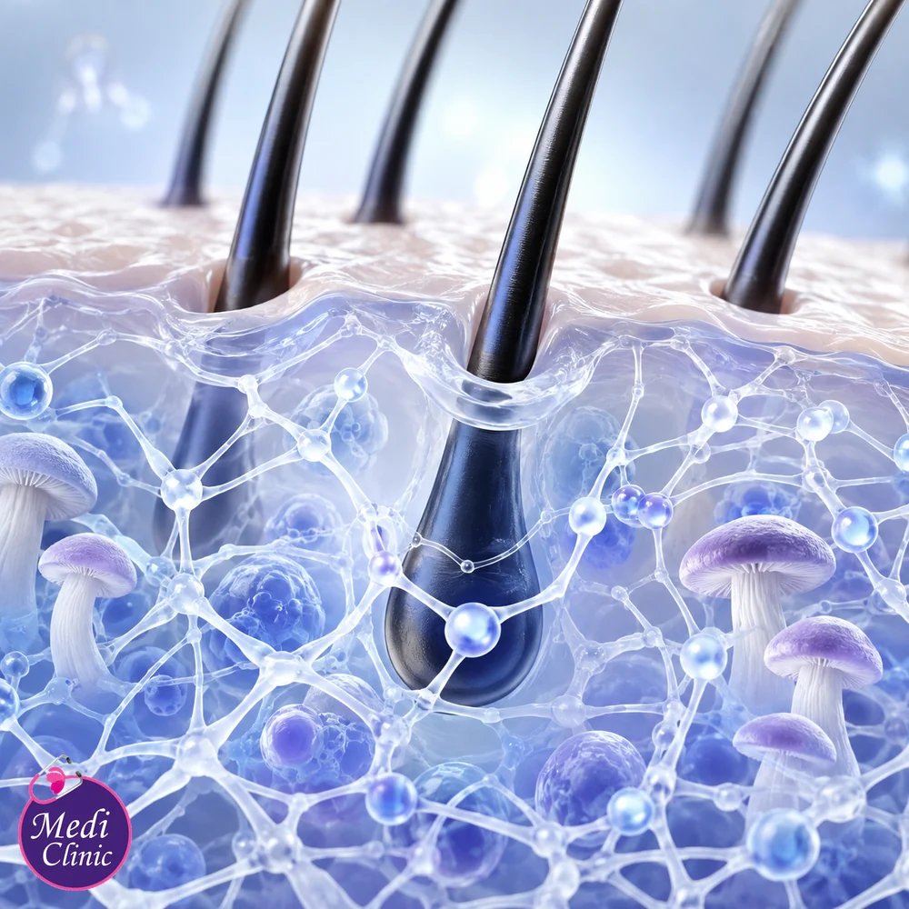 Educational mushroom-derived chitosan biomaterial and hair follicle visual Educational mushroom-derived chitosan biomaterial and hair follicle visual