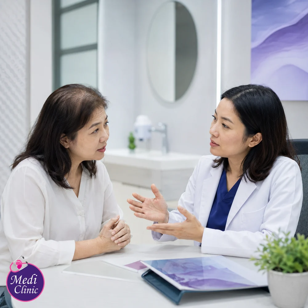 Asian woman discussing diffuse hair thinning with a doctor Asian woman discussing diffuse hair thinning with a doctor