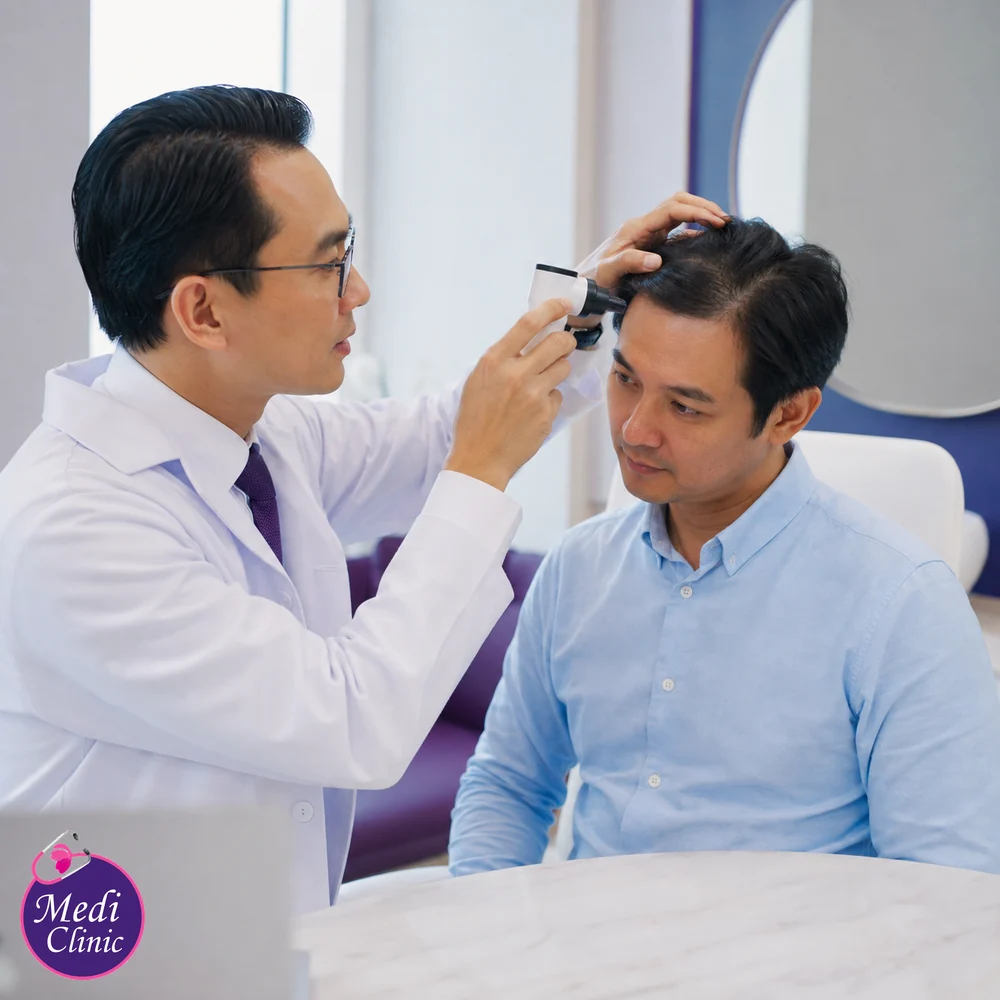 Asian man receiving a doctor-led scalp and hair assessment Asian man receiving a doctor-led scalp and hair assessment