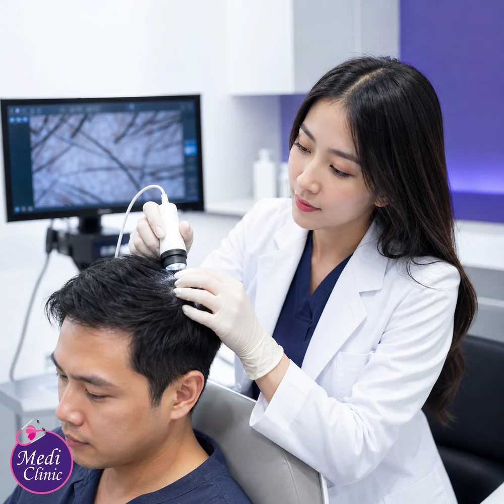 Doctor performing a non-invasive scalp assessment Doctor performing a non-invasive scalp assessment