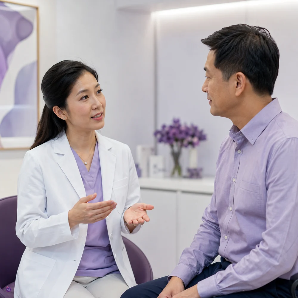 Doctor explaining wound aftercare to Asian patient Doctor explaining wound aftercare to Asian patient