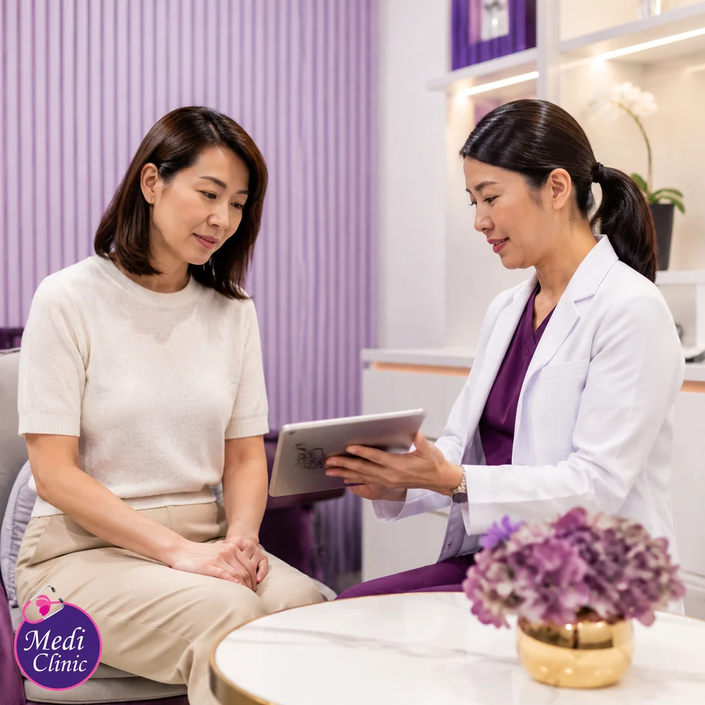 Asian woman discussing MaxCell with a doctor Asian woman discussing MaxCell with a doctor
