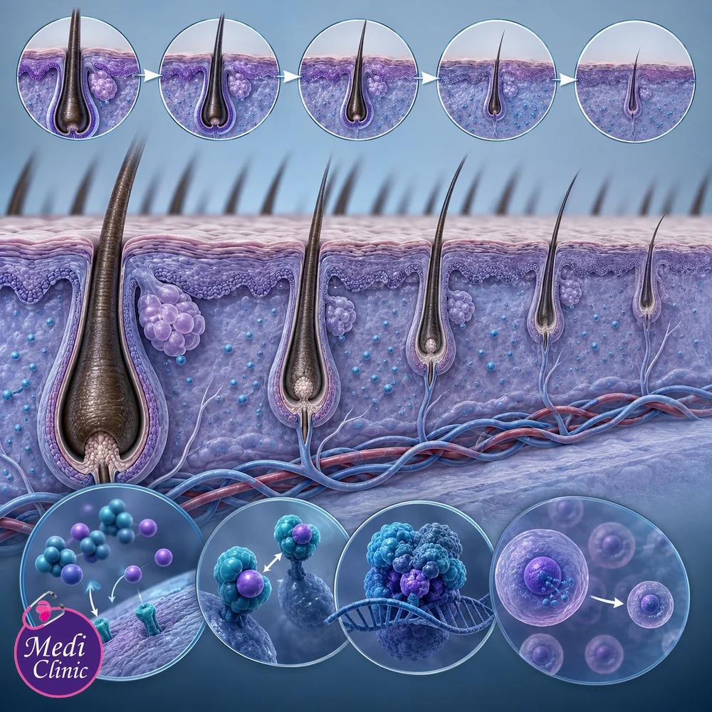 DHT-related hair follicle miniaturisation illustration DHT-related hair follicle miniaturisation illustration