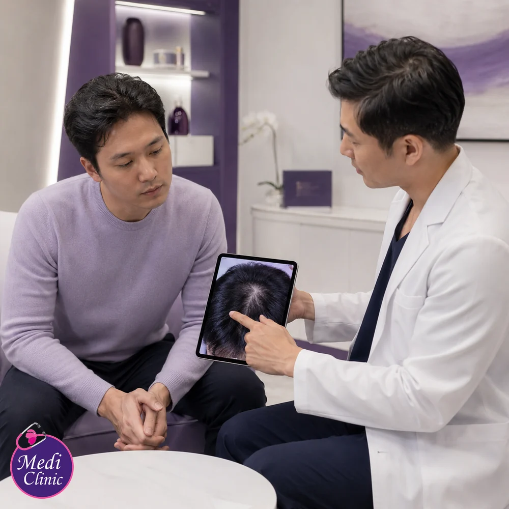 Asian man discussing male pattern hair loss with a doctor Asian man discussing male pattern hair loss with a doctor